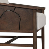 Inset panels of solid teak root are laminated to create a mosaic look against beautiful natural graining. Between angled armrests, cushioned seating is upholstered in a durable Italian fabric for an elevated look with a linen hand feel. Amethyst Home provides interior design, new home construction design consulting, vintage area rugs, and lighting in the Des Moines metro area.