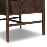 Inset panels of solid teak root are laminated to create a mosaic look against beautiful natural graining. Between angled armrests, cushioned seating is upholstered in a durable Italian fabric for an elevated look with a linen hand feel. Amethyst Home provides interior design, new home construction design consulting, vintage area rugs, and lighting in the Salt Lake City metro area.