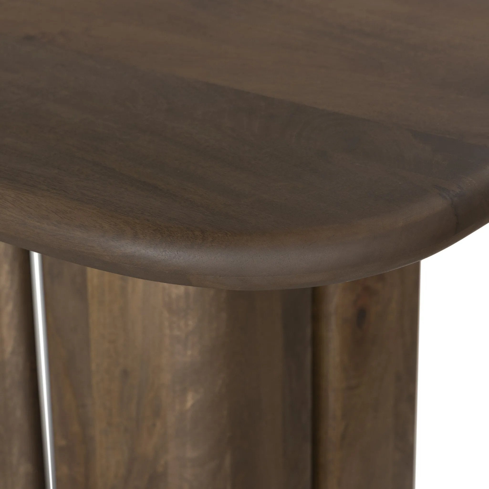Crafted of solid mango with a washed taupe finish, this stately, rectangular dining table features a square motif coursing its silhouette: two squared pillar legs constructed of rounded panels which appear to float. Amethyst Home provides interior design, new home construction design consulting, vintage area rugs, and lighting in the Alpharetta metro area.