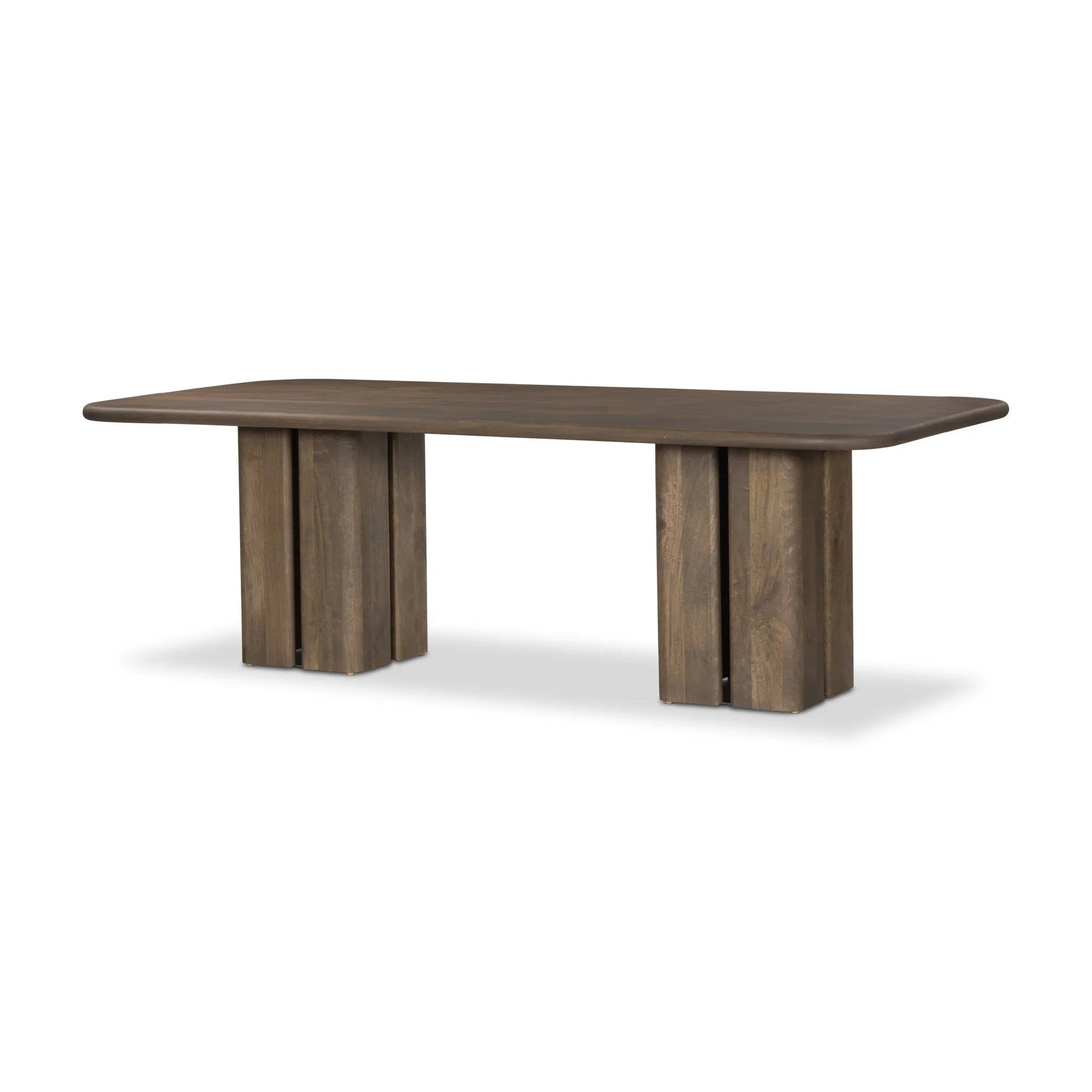 Crafted of solid mango with a washed taupe finish, this stately, rectangular dining table features a square motif coursing its silhouette: two squared pillar legs constructed of rounded panels which appear to float. Amethyst Home provides interior design, new home construction design consulting, vintage area rugs, and lighting in the Kansas City metro area.