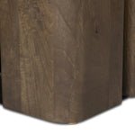 Crafted of solid mango with a washed taupe finish, this stately, rectangular dining table features a square motif coursing its silhouette: two squared pillar legs constructed of rounded panels which appear to float. Amethyst Home provides interior design, new home construction design consulting, vintage area rugs, and lighting in the Nashville metro area.