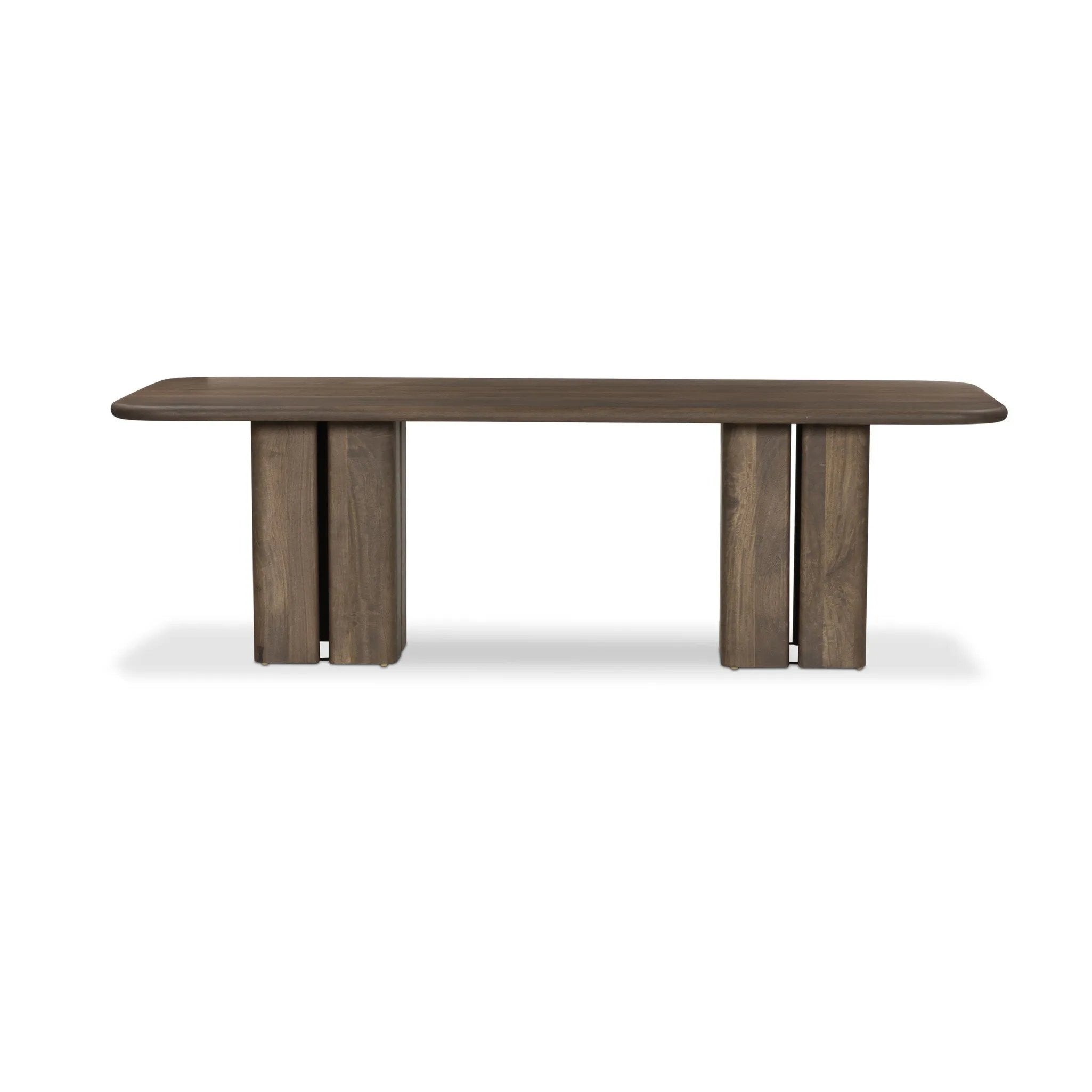 Crafted of solid mango with a washed taupe finish, this stately, rectangular dining table features a square motif coursing its silhouette: two squared pillar legs constructed of rounded panels which appear to float. Amethyst Home provides interior design, new home construction design consulting, vintage area rugs, and lighting in the Salt Lake City metro area.