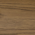 Rounded, chunky dowel legs in an amber oak finish frame the tan top-grain leather headboard of this simple-but-striking bed frame Amethyst Home provides interior design, new home construction design consulting, vintage area rugs, and lighting in the Scottsdale metro area.