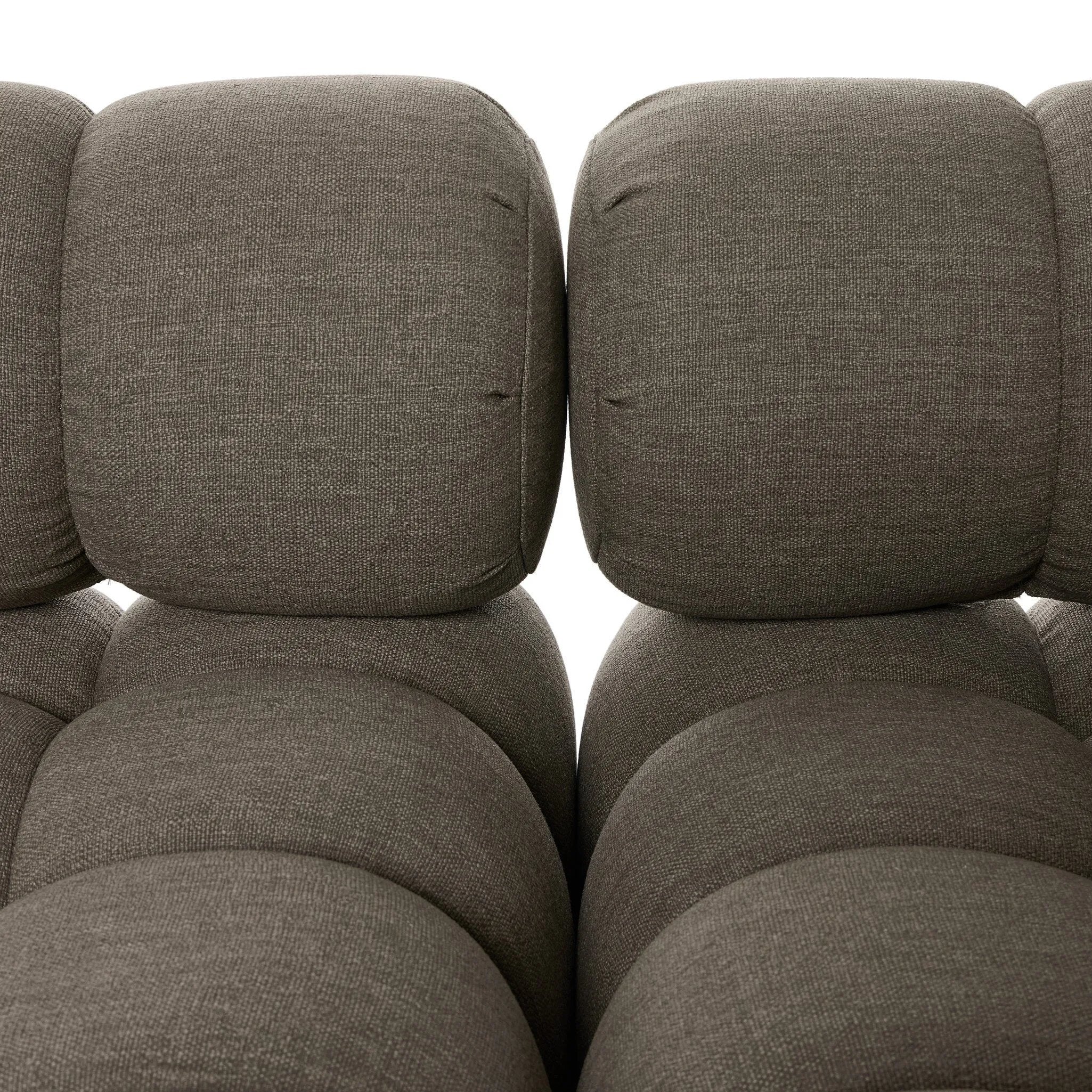 Featuring Roma Alessi Fawn Outdoor 3-Piece Sectional by Four Hands at Amethyst Home. A modern take on mid-century Italian design, soft volume and exaggerated proportions fuse for a sculpted look and playful feel. Atop a plinth-style teak base, outdoor-friendly three-piece sectional with ottoman features dramatic tufting for a padded sit, indoors and out. Cover . Amethyst Home provides interior design, new home construction design consulting, vintage area rugs, and lighting in the Miami metro area.