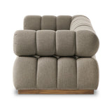 Featuring Roma Alessi Fawn Outdoor 3-Piece Sectional by Four Hands at Amethyst Home. A modern take on mid-century Italian design, soft volume and exaggerated proportions fuse for a sculpted look and playful feel. Atop a plinth-style teak base, outdoor-friendly three-piece sectional with ottoman features dramatic tufting for a padded sit, indoors and out. Cover . Amethyst Home provides interior design, new home construction design consulting, vintage area rugs, and lighting in the Omaha metro area.