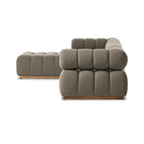 Featuring Roma Alessi Fawn Outdoor 4-Piece Sectional by Four Hands at Amethyst Home. A modern take on mid-century Italian design, soft volume and exaggerated proportions fuse for a sculpted look and playful feel. Atop a plinth-style teak base, outdoor-friendly four-piece sectional features dramatic tufting for a padded sit, indoors and out. Sustainably made. Amethyst Home provides interior design, new home construction design consulting, vintage area rugs, and lighting in the San Diego metro area.