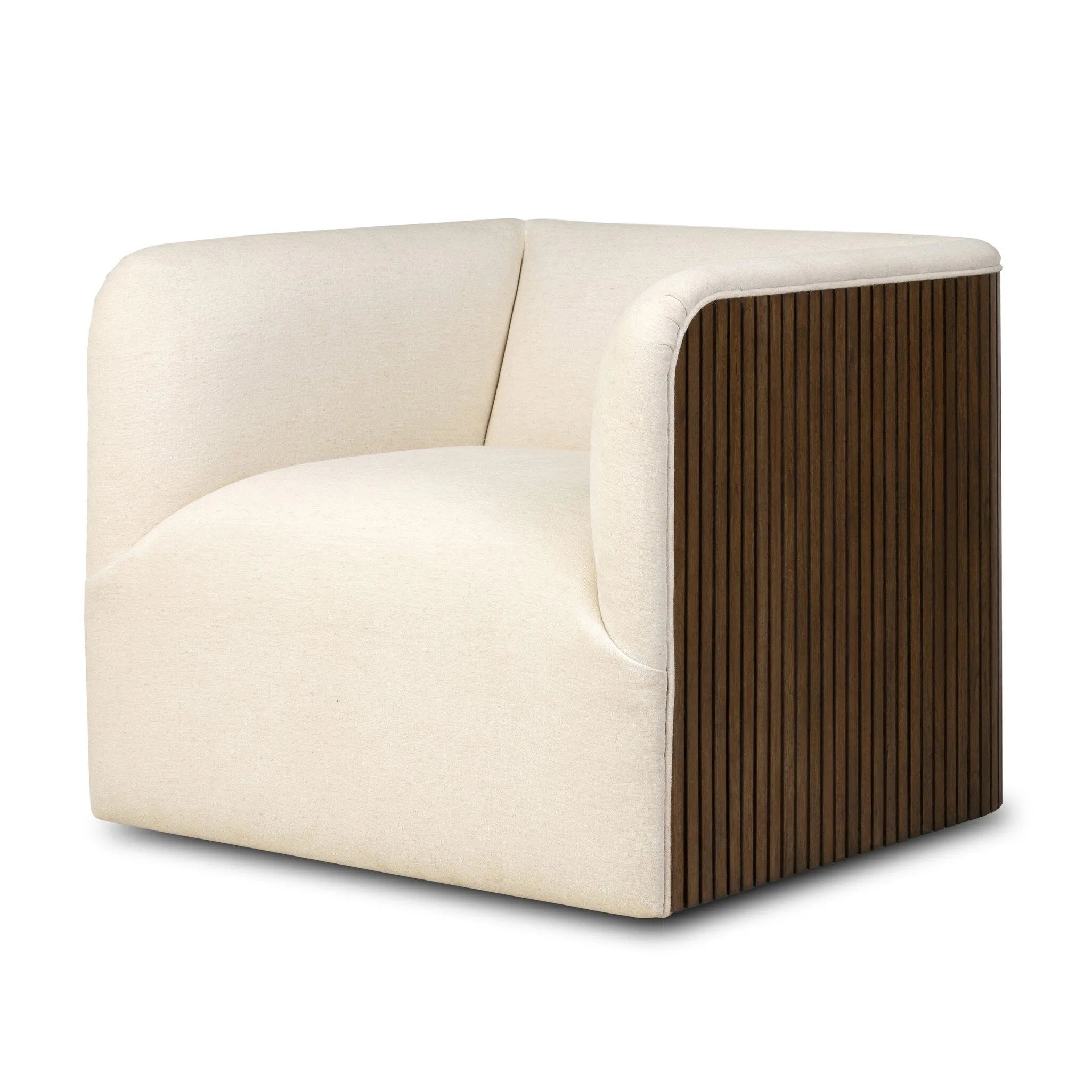 Designed with a shelter-style silhouette, this swivel chair wraps around for a seamless sit. The showstopping wood fluting adds textural contrast and organic appeal to the 360-degree swivel.As fans of clean aesthetics at Amethyst, we love the nature inspired Rory Swivel Chair - Laughlin Bone. Amethyst Home provides interior design, new home construction design consulting, vintage area rugs, and lighting in the Tampa metro area.