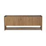Resawn warm oak gives this sideboard's simple paneled design its standout striations. The paneled frame has a gallery top, and the bottom shelf provides open storage Amethyst Home provides interior design, new home construction design consulting, vintage area rugs, and lighting in the Boston metro area.