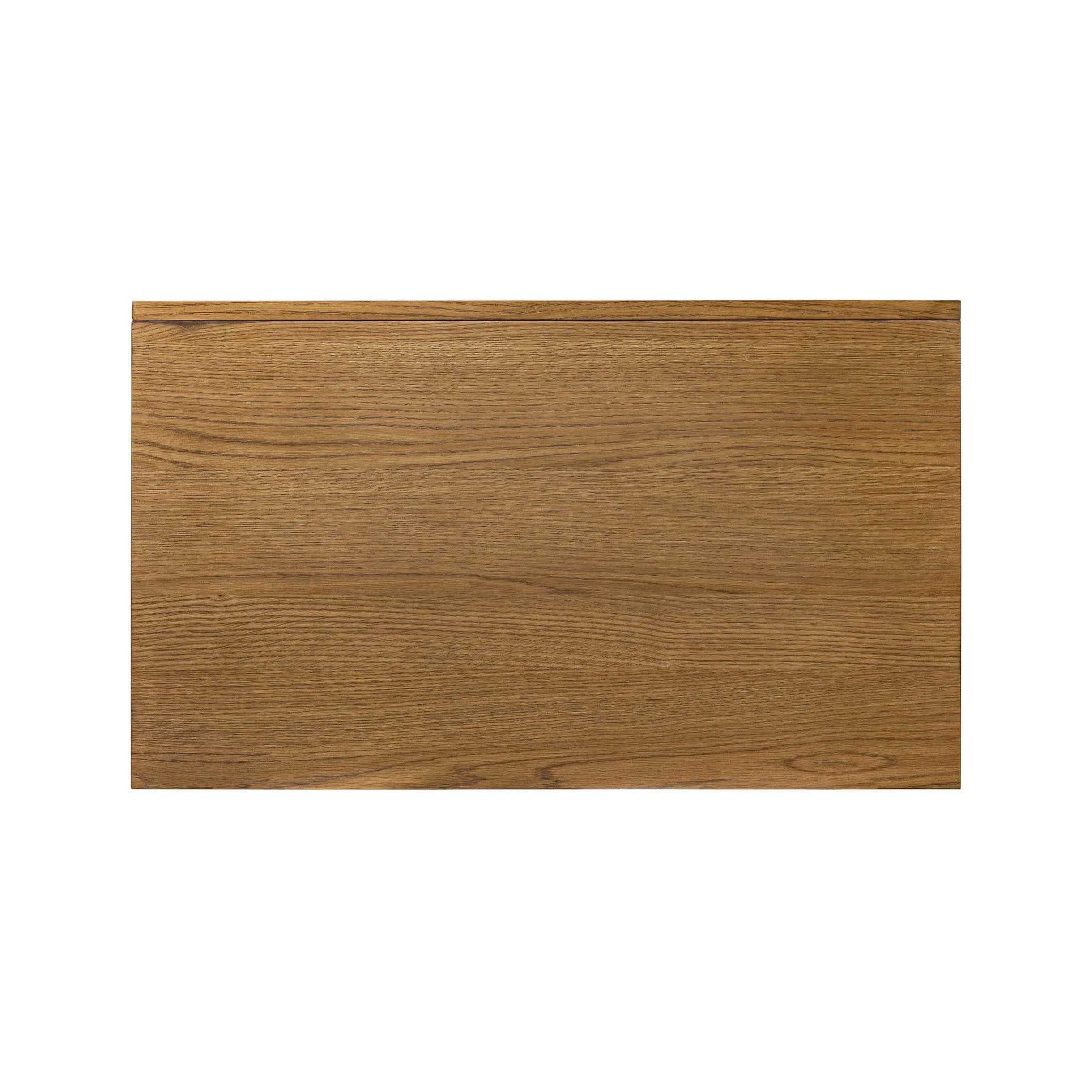 Amber-finished oak forms a clean silhouette for three spacious drawers with iron hardware wrapped in black top-grain leather. This item has been modified to comply with the STURDY Act. See a full list of modified products and data changes in the “STURDY Act” file in the Downloads section below Amethyst Home provides interior design, new home construction design consulting, vintage area rugs, and lighting in the Laguna Beach metro area.