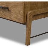 Amber-finished oak forms a clean silhouette for three spacious drawers with iron hardware wrapped in black top-grain leather. This item has been modified to comply with the STURDY Act. See a full list of modified products and data changes in the “STURDY Act” file in the Downloads section below Amethyst Home provides interior design, new home construction design consulting, vintage area rugs, and lighting in the Los Angeles metro area.