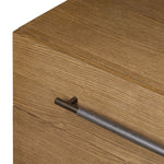 Amber-finished oak forms a clean silhouette for three spacious drawers with iron hardware wrapped in black top-grain leather. This item has been modified to comply with the STURDY Act. See a full list of modified products and data changes in the “STURDY Act” file in the Downloads section below Amethyst Home provides interior design, new home construction design consulting, vintage area rugs, and lighting in the Park City metro area.