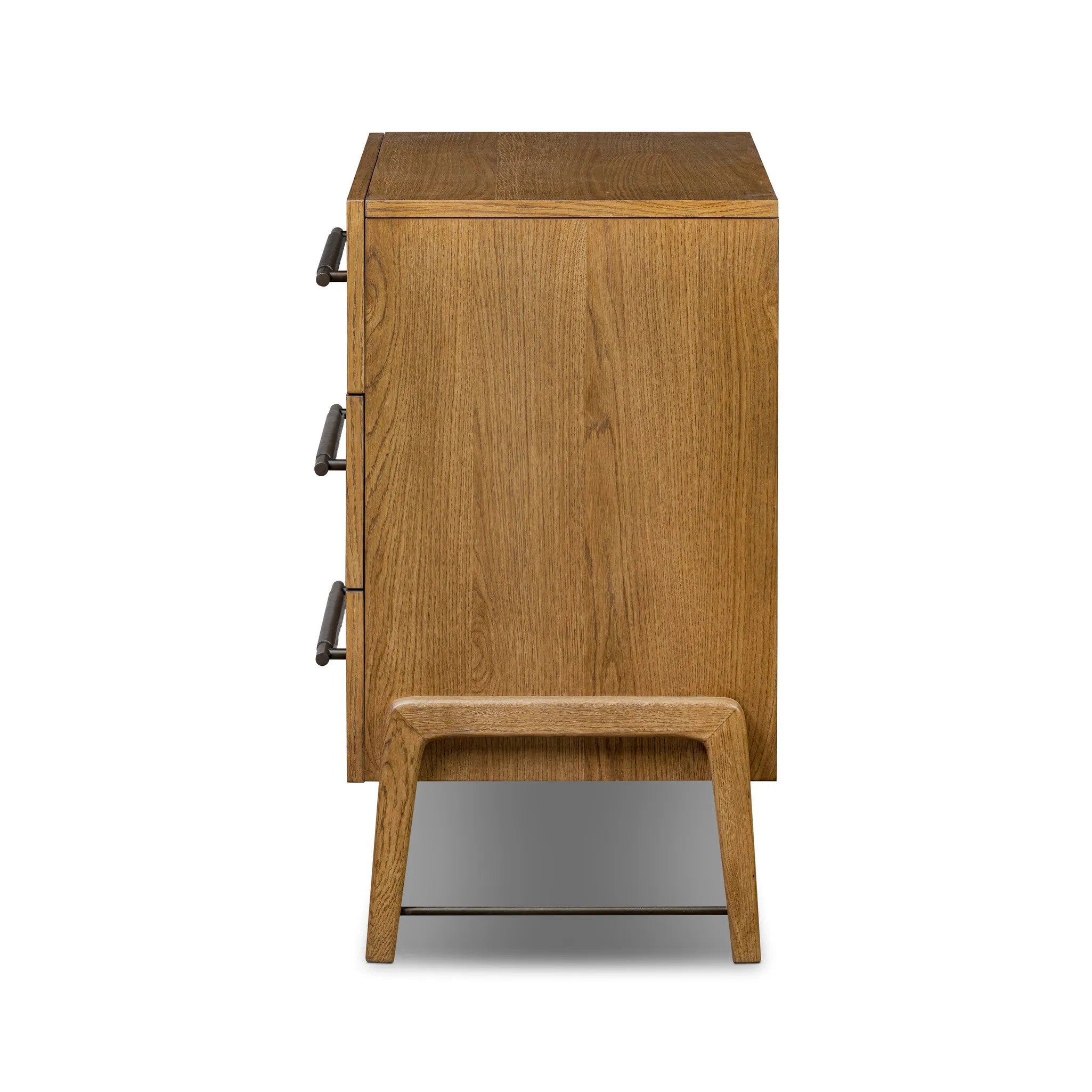 Amber-finished oak forms a clean silhouette for three spacious drawers with iron hardware wrapped in black top-grain leather. This item has been modified to comply with the STURDY Act. See a full list of modified products and data changes in the “STURDY Act” file in the Downloads section below Amethyst Home provides interior design, new home construction design consulting, vintage area rugs, and lighting in the Portland metro area.