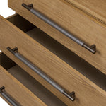 Amber-finished oak forms a clean silhouette for three spacious drawers with iron hardware wrapped in black top-grain leather. This item has been modified to comply with the STURDY Act. See a full list of modified products and data changes in the “STURDY Act” file in the Downloads section below Amethyst Home provides interior design, new home construction design consulting, vintage area rugs, and lighting in the Salt Lake City metro area.