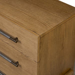 Amber-finished oak forms a clean silhouette for three spacious drawers with iron hardware wrapped in black top-grain leather. This item has been modified to comply with the STURDY Act. See a full list of modified products and data changes in the “STURDY Act” file in the Downloads section below Amethyst Home provides interior design, new home construction design consulting, vintage area rugs, and lighting in the Tampa metro area.