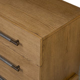 Amber-finished oak forms a clean silhouette for three spacious drawers with iron hardware wrapped in black top-grain leather. This item has been modified to comply with the STURDY Act. See a full list of modified products and data changes in the “STURDY Act” file in the Downloads section below Amethyst Home provides interior design, new home construction design consulting, vintage area rugs, and lighting in the Tampa metro area.