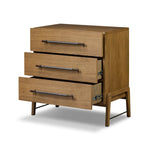 Amber-finished oak forms a clean silhouette for three spacious drawers with iron hardware wrapped in black top-grain leather. This item has been modified to comply with the STURDY Act. See a full list of modified products and data changes in the “STURDY Act” file in the Downloads section below Amethyst Home provides interior design, new home construction design consulting, vintage area rugs, and lighting in the Winter Garden metro area.