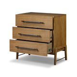 Amber-finished oak forms a clean silhouette for three spacious drawers with iron hardware wrapped in black top-grain leather. This item has been modified to comply with the STURDY Act. See a full list of modified products and data changes in the “STURDY Act” file in the Downloads section below Amethyst Home provides interior design, new home construction design consulting, vintage area rugs, and lighting in the Winter Garden metro area.
