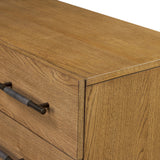 Amber-finished oak forms a clean silhouette for six spacious drawers with iron hardware wrapped in black top-grain leather. This item has been modified to comply with the STURDY Act. See a full list of modified products and data changes in the “STURDY Act” file in the Downloads section below Amethyst Home provides interior design, new home construction design consulting, vintage area rugs, and lighting in the Kansas City metro area.