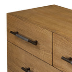 Amber-finished oak forms a clean silhouette for six spacious drawers with iron hardware wrapped in black top-grain leather. This item has been modified to comply with the STURDY Act. See a full list of modified products and data changes in the “STURDY Act” file in the Downloads section below Amethyst Home provides interior design, new home construction design consulting, vintage area rugs, and lighting in the Park City metro area.