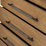 Amber-finished oak forms a clean silhouette for six spacious drawers with iron hardware wrapped in black top-grain leather. This item has been modified to comply with the STURDY Act. See a full list of modified products and data changes in the “STURDY Act” file in the Downloads section below Amethyst Home provides interior design, new home construction design consulting, vintage area rugs, and lighting in the Salt Lake City metro area.