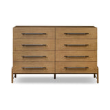 Amber-finished oak forms a clean silhouette for eight spacious drawers with iron hardware wrapped in black top-grain leather. This item has been modified to comply with the STURDY Act. See a full list of modified products and data changes in the “STURDY Act” file in the Downloads section below Amethyst Home provides interior design, new home construction design consulting, vintage area rugs, and lighting in the Boston metro area.