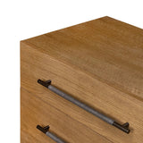 Amber-finished oak forms a clean silhouette for eight spacious drawers with iron hardware wrapped in black top-grain leather. This item has been modified to comply with the STURDY Act. See a full list of modified products and data changes in the “STURDY Act” file in the Downloads section below Amethyst Home provides interior design, new home construction design consulting, vintage area rugs, and lighting in the Miami metro area.