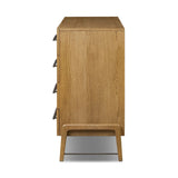 Amber-finished oak forms a clean silhouette for eight spacious drawers with iron hardware wrapped in black top-grain leather. This item has been modified to comply with the STURDY Act. See a full list of modified products and data changes in the “STURDY Act” file in the Downloads section below Amethyst Home provides interior design, new home construction design consulting, vintage area rugs, and lighting in the Omaha metro area.