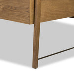 Amber-finished oak crafts shapes a clean silhouette, accented with iron hardware wrapped in black top-grain leather. Vary-sized drawers offer plenty of storage, while outset legs bring a design-forward touch Amethyst Home provides interior design, new home construction design consulting, vintage area rugs, and lighting in the Tampa metro area.