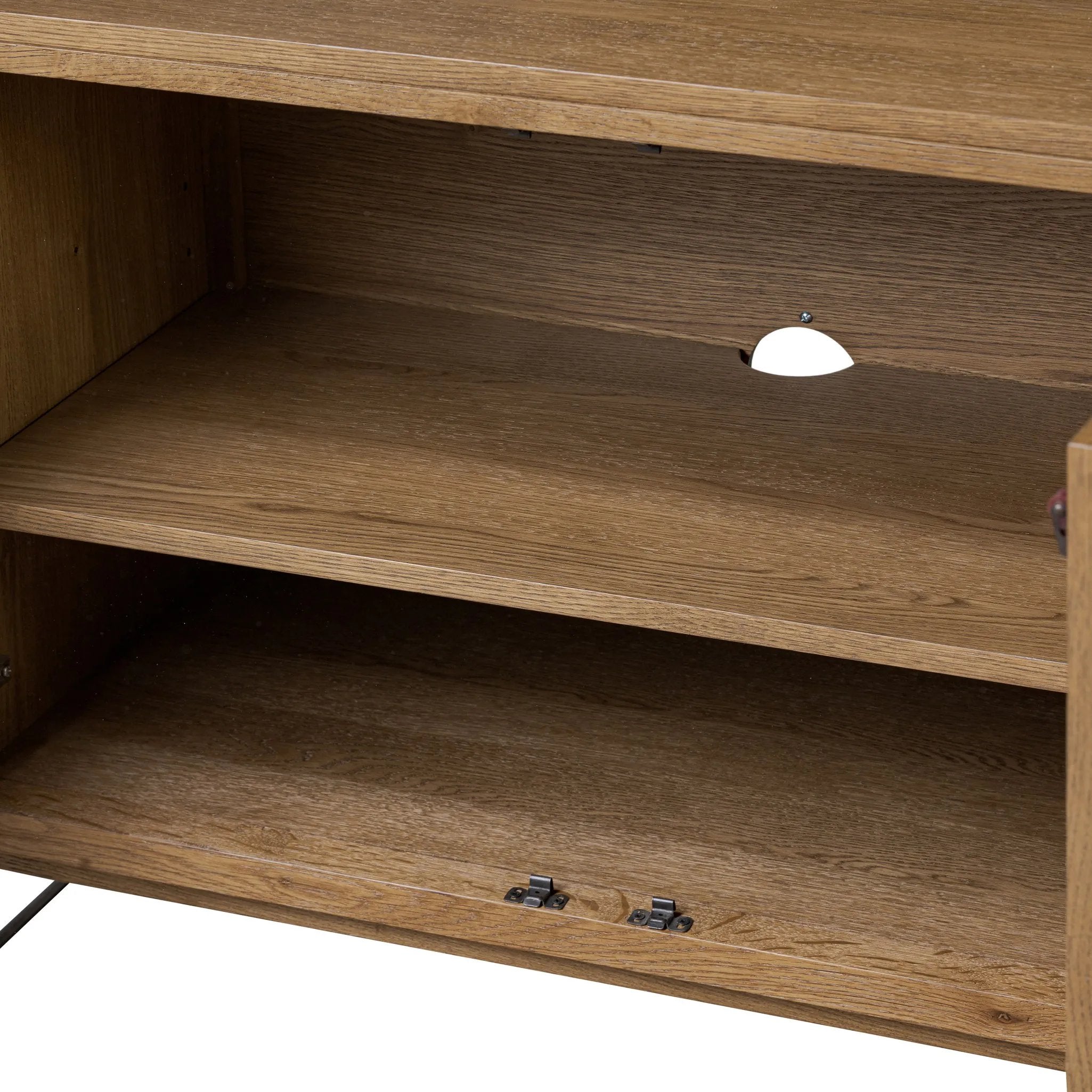 Amber-finished oak forms a clean silhouette with plenty of storage, accented with long iron hardware wrapped in black top-grain leather. Outset legs add an element of interest. Rear cutouts for cord management Amethyst Home provides interior design, new home construction design consulting, vintage area rugs, and lighting in the Salt Lake City metro area.