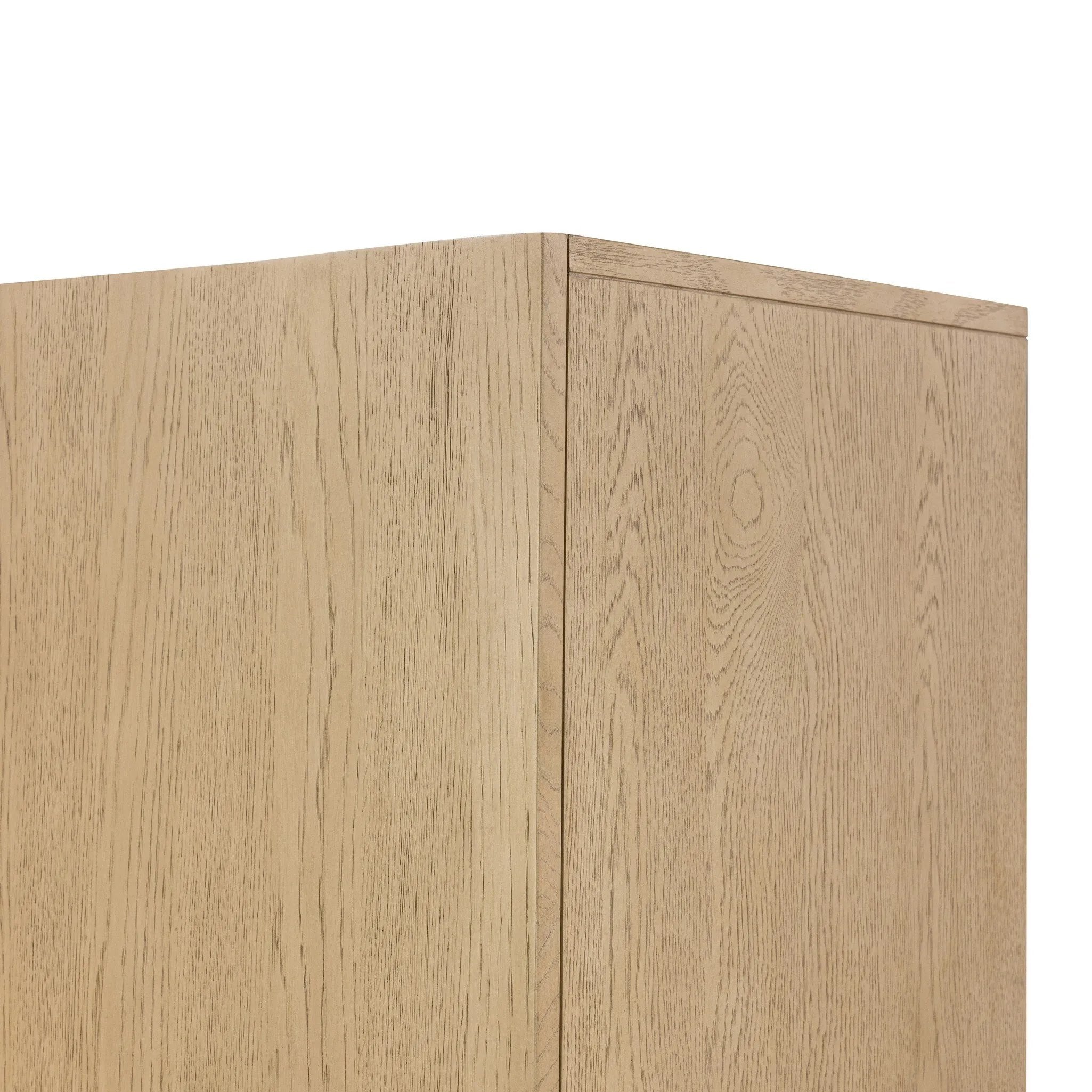Accented with iron hardware wrapped in tan top-grain leather, light-finished oak veneer forms a clean silhouette with plenty of storage. Outset legs add an element of interest.As fans of wabi sabi materials at Amethyst, we love the optimistic inspired Rosedale Cabinet - Yucca Oak Veneer. Amethyst Home provides interior design, new home construction design consulting, vintage area rugs, and lighting in the San Diego metro area.