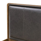 Amber-finished solid oak frames a floating, sling-style headboard made from black top-grain leather, with subtly rounded edges and metal dowel detailing Amethyst Home provides interior design, new home construction design consulting, vintage area rugs, and lighting in the Calabasas metro area.