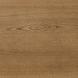 Amber-finished solid oak frames a floating, sling-style headboard made from black top-grain leather, with subtly rounded edges and metal dowel detailing Amethyst Home provides interior design, new home construction design consulting, vintage area rugs, and lighting in the Park City metro area.