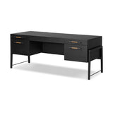 Featuring Rosedale Ebony Oak Veneer Executive Desk by Four Hands at Amethyst Home. Accented with iron hardware wrapped in tan top-grain leather, dark-finished oak crafts shapes a clean silhouette. Vary-sized drawers offer plenty of storage, while outset legs bring a design-forward touch.Overall Dimensions: 72.75"w x 30.00"d x 30.00"hWeight : 202.82 lbsMater. Amethyst Home provides interior design, new home construction design consulting, vintage area rugs, and lighting in the Park City metro area.
