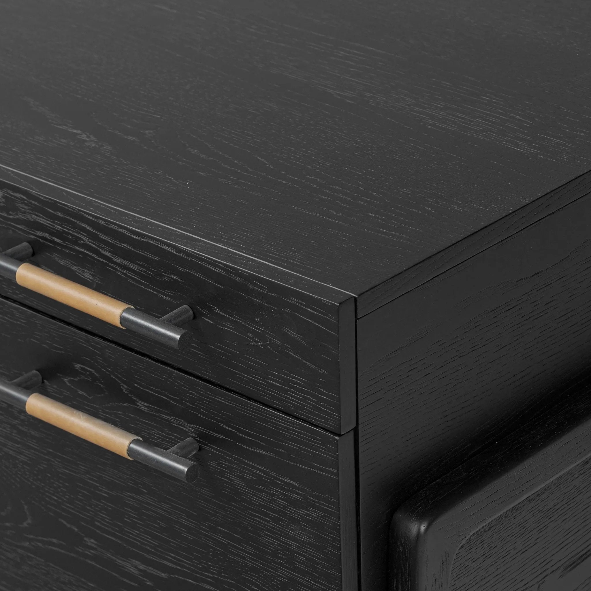 Featuring Rosedale Ebony Oak Veneer Executive Desk by Four Hands at Amethyst Home. Accented with iron hardware wrapped in tan top-grain leather, dark-finished oak crafts shapes a clean silhouette. Vary-sized drawers offer plenty of storage, while outset legs bring a design-forward touch.Overall Dimensions: 72.75"w x 30.00"d x 30.00"hWeight : 202.82 lbsM. Amethyst Home provides interior design, new home construction design consulting, vintage area rugs, and lighting in the Winter Garden metro area.