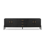 Featuring Rosedale Ebony Oak Veneer Media Console by Four Hands at Amethyst Home. This Rosedale Ebony Oak Veneer Media Console is the perfect addition to any media room or living space. Made with high-quality materials and a sleek design, this media console provides ample storage for all of your media devices. With its ebony oak veneer finish, it is both s. Amethyst Home provides interior design, new home construction design consulting, vintage area rugs, and lighting in the Alpharetta metro area.