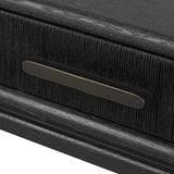 Featuring Rosenell Black Oak Veneer Console Table 78" by Four Hands at Amethyst Home. Elevate your living space or media room with a slim-profile console of black-finished oak. A smooth top pairs with three drawers covered with woven paper cord, while lower open shelving creates bonus storage and display options. The result: a dark, Scandinavian-inspired look . Amethyst Home provides interior design, new home construction design consulting, vintage area rugs, and lighting in the Austin metro area.