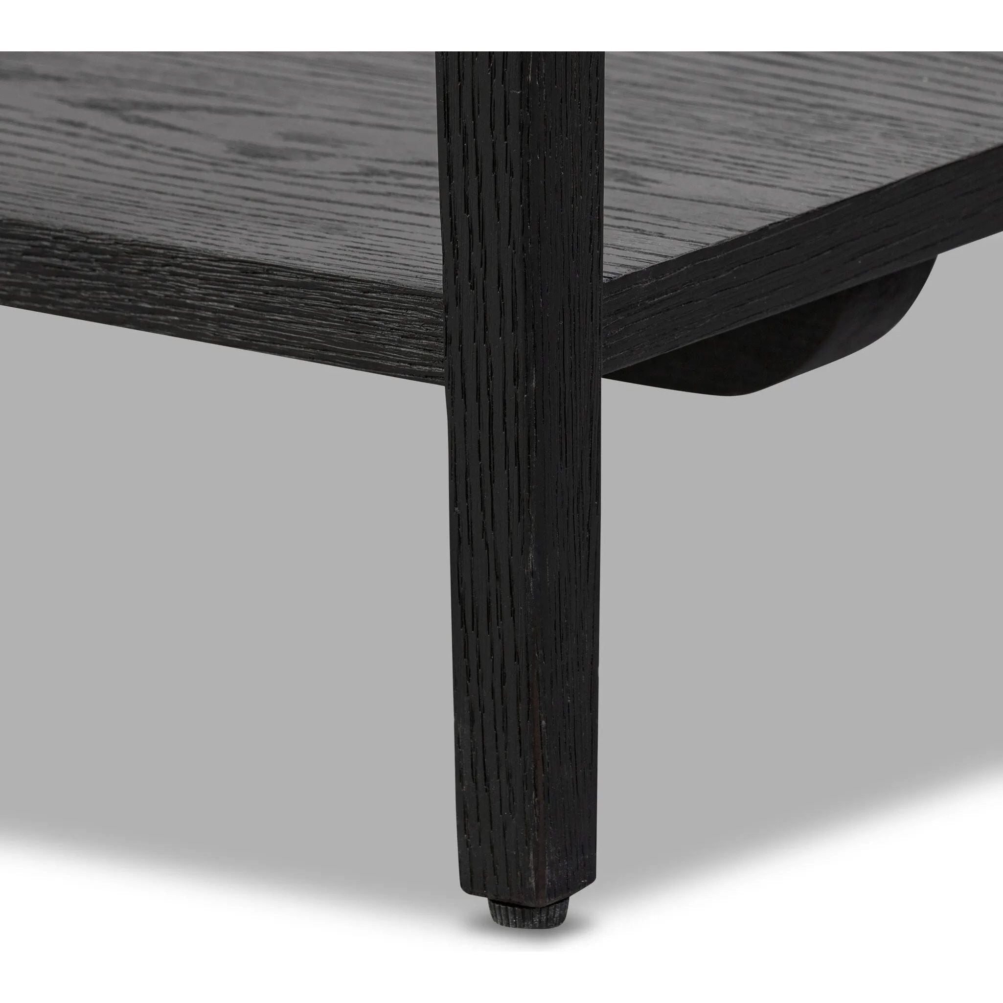 Featuring Rosenell Black Oak Veneer Console Table 78" by Four Hands at Amethyst Home. Elevate your living space or media room with a slim-profile console of black-finished oak. A smooth top pairs with three drawers covered with woven paper cord, while lower open shelving creates bonus storage and display options. The result: a dark, Scandinavian-inspired l. Amethyst Home provides interior design, new home construction design consulting, vintage area rugs, and lighting in the Des Moines metro area.