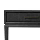 Featuring Rosenell Black Oak Veneer Console Table 78" by Four Hands at Amethyst Home. Elevate your living space or media room with a slim-profile console of black-finished oak. A smooth top pairs with three drawers covered with woven paper cord, while lower open shelving creates bonus storage and display options. The result: a dark, Scandinavian-inspired look. Amethyst Home provides interior design, new home construction design consulting, vintage area rugs, and lighting in the Seattle metro area.