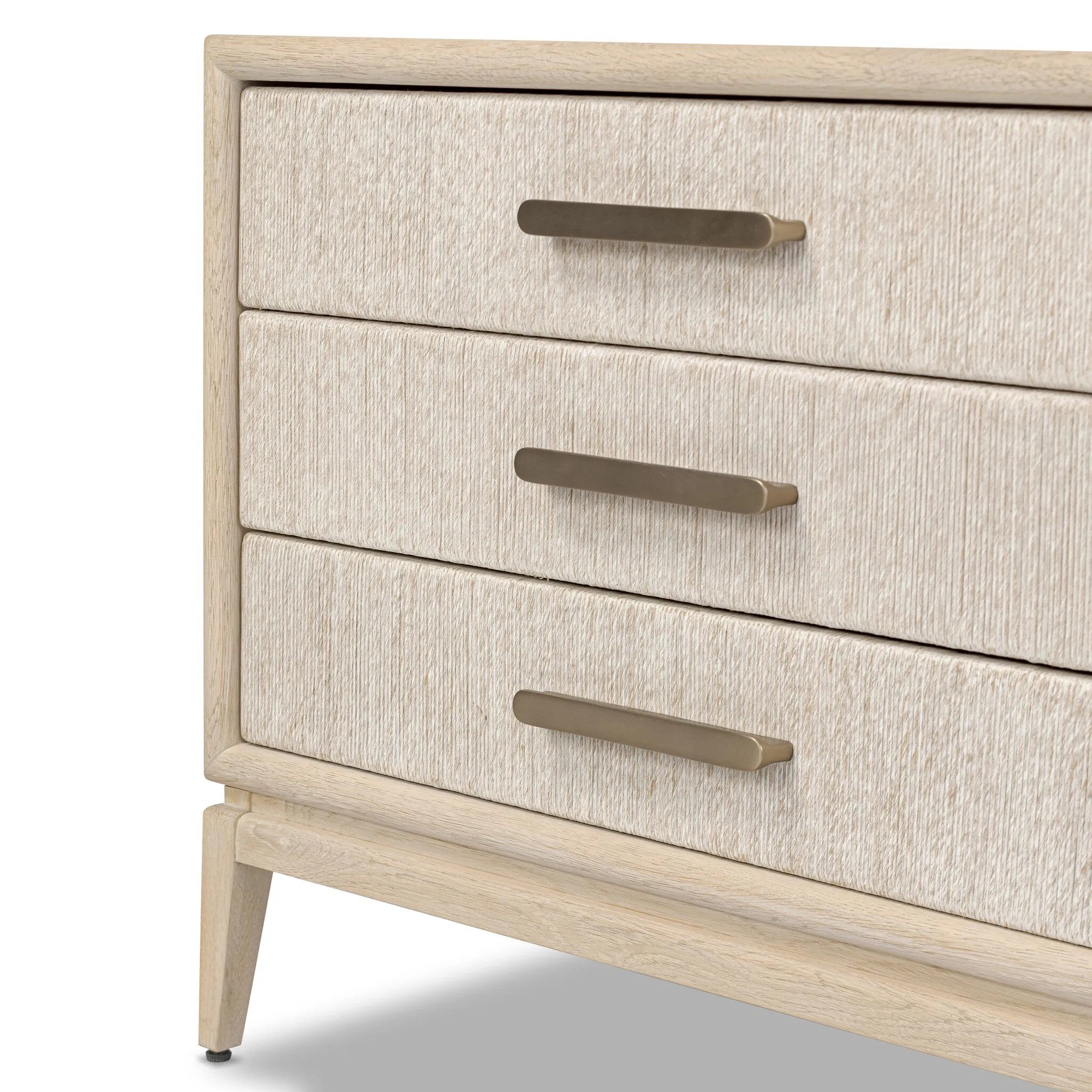 Elevate your bedside storage with a nightstand of light, natural oak. A smooth top pairs with three drawer fronts of woven paper cord for a clean, Scandinavian-inspired look that will work into your bedroom collection beautifully Amethyst Home provides interior design, new home construction design consulting, vintage area rugs, and lighting in the Portland metro area.