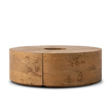 A coffee table that moves with you. Made from oak burl veneer with beautiful movement, this three-piece design pulls apart to create different looks and configurations based on your needs. Pushed together, individual pieces shape a circle; create a wave shape touching just the end pieces together — or, style all three apart. Amethyst Home provides interior design, new home construction design consulting, vintage area rugs, and lighting in the Boston metro area.