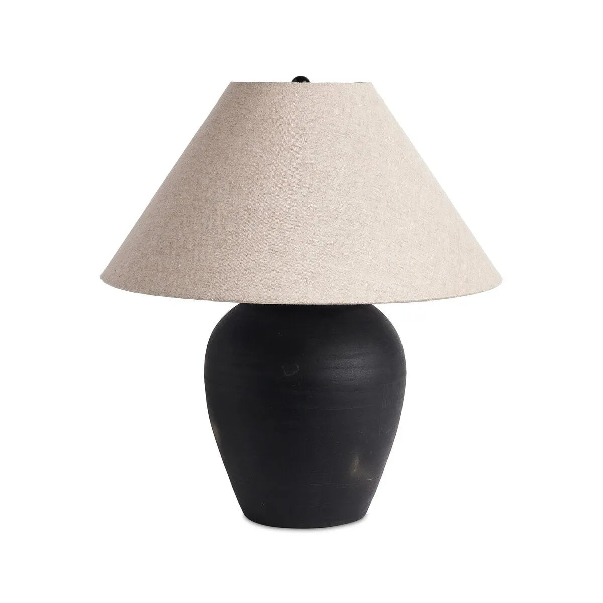 In this black terra cotta vase table lamp, each piece bears unique touches from its natural finishing process. Topped with a shade of natural linen, for a textural contrast.Collection: Rockwel Amethyst Home provides interior design, new home construction design consulting, vintage area rugs, and lighting in the Monterey metro area.