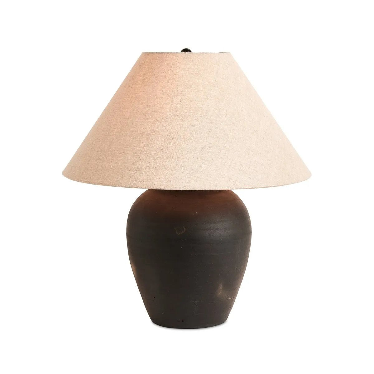 In this black terra cotta vase table lamp, each piece bears unique touches from its natural finishing process. Topped with a shade of natural linen, for a textural contrast.Collection: Rockwel Amethyst Home provides interior design, new home construction design consulting, vintage area rugs, and lighting in the Nashville metro area.