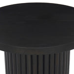 Inspired by décor in the majestic palaces of Jaipur, a conversation-starting end table is made from mixed reclaimed woods, with a rounded top and base with vertical reeding Amethyst Home provides interior design, new home construction design consulting, vintage area rugs, and lighting in the Alpharetta metro area.