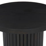 Inspired by décor in the majestic palaces of Jaipur, a conversation-starting end table is made from mixed reclaimed woods, with a rounded top and base with vertical reeding Amethyst Home provides interior design, new home construction design consulting, vintage area rugs, and lighting in the Alpharetta metro area.