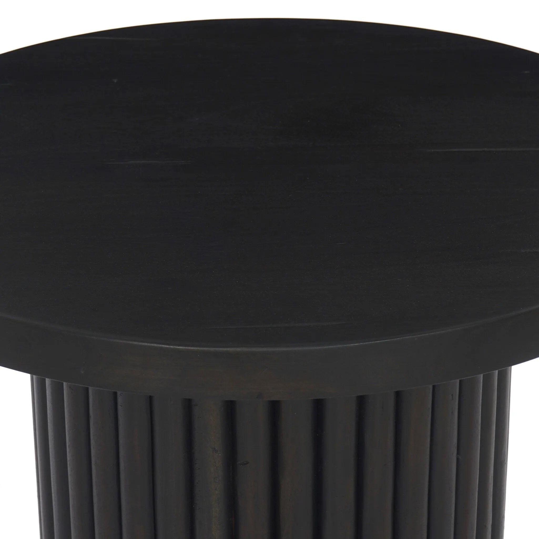 Inspired by décor in the majestic palaces of Jaipur, a conversation-starting end table is made from mixed reclaimed woods, with a rounded top and base with vertical reeding Amethyst Home provides interior design, new home construction design consulting, vintage area rugs, and lighting in the Alpharetta metro area.