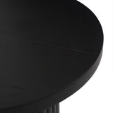 Inspired by décor in the majestic palaces of Jaipur, a conversation-starting end table is made from mixed reclaimed woods, with a rounded top and base with vertical reeding Amethyst Home provides interior design, new home construction design consulting, vintage area rugs, and lighting in the Calabasas metro area.