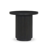 Inspired by décor in the majestic palaces of Jaipur, a conversation-starting end table is made from mixed reclaimed woods, with a rounded top and base with vertical reeding Amethyst Home provides interior design, new home construction design consulting, vintage area rugs, and lighting in the Monterey metro area.