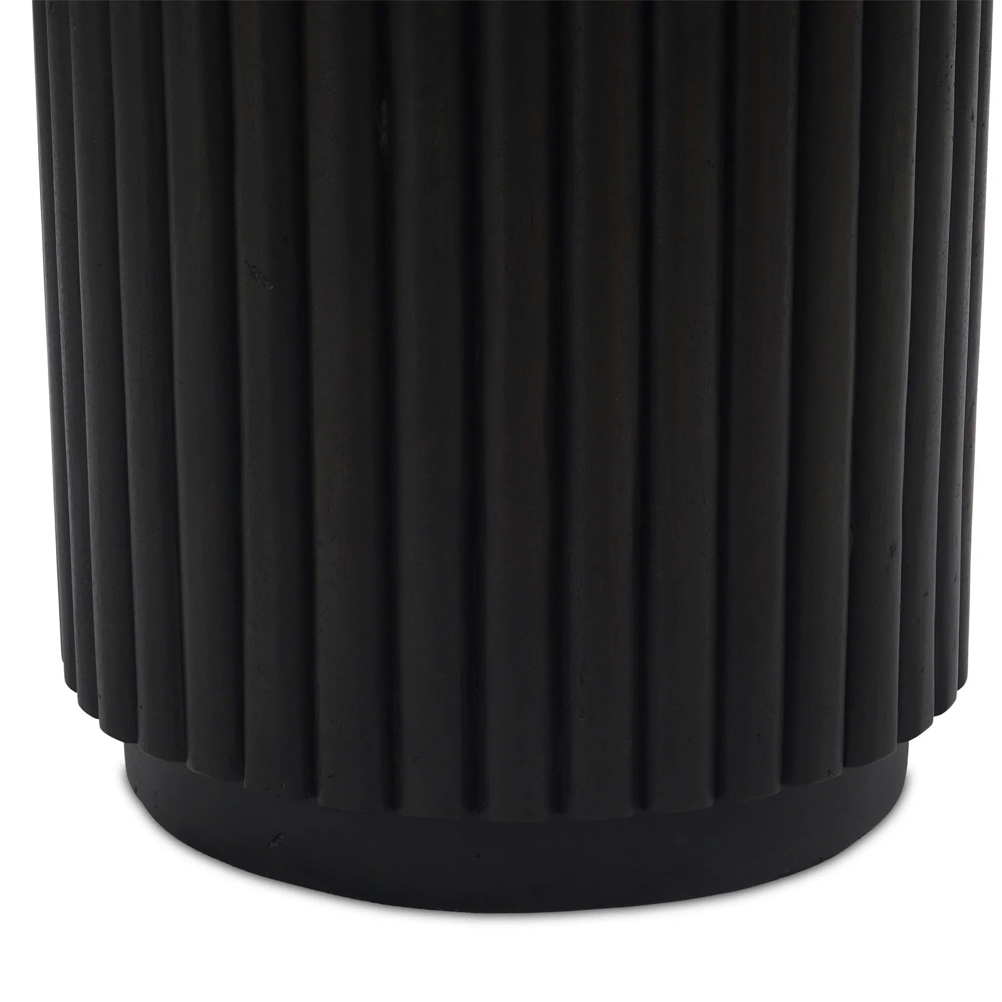 Inspired by décor in the majestic palaces of Jaipur, a conversation-starting end table is made from mixed reclaimed woods, with a rounded top and base with vertical reeding Amethyst Home provides interior design, new home construction design consulting, vintage area rugs, and lighting in the Tampa metro area.