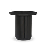 Inspired by décor in the majestic palaces of Jaipur, a conversation-starting end table is made from mixed reclaimed woods, with a rounded top and base with vertical reeding Amethyst Home provides interior design, new home construction design consulting, vintage area rugs, and lighting in the Washington metro area.