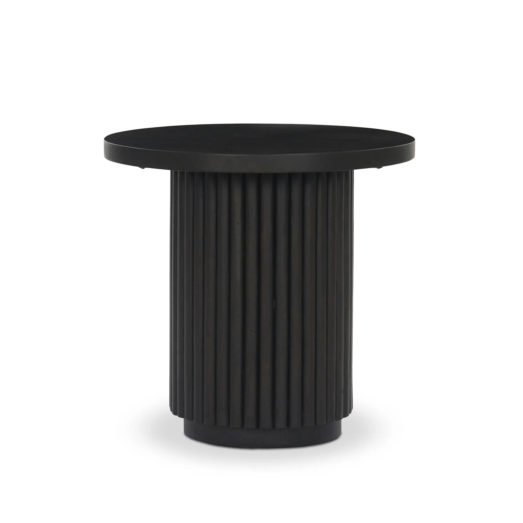 Inspired by décor in the majestic palaces of Jaipur, a conversation-starting end table is made from mixed reclaimed woods, with a rounded top and base with vertical reeding Amethyst Home provides interior design, new home construction design consulting, vintage area rugs, and lighting in the Washington metro area.